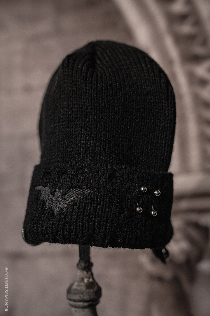 gothic skull cap beanie with embroidered bat