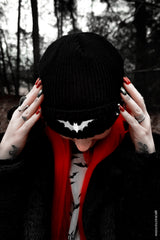 embroidered white bat beanie hat