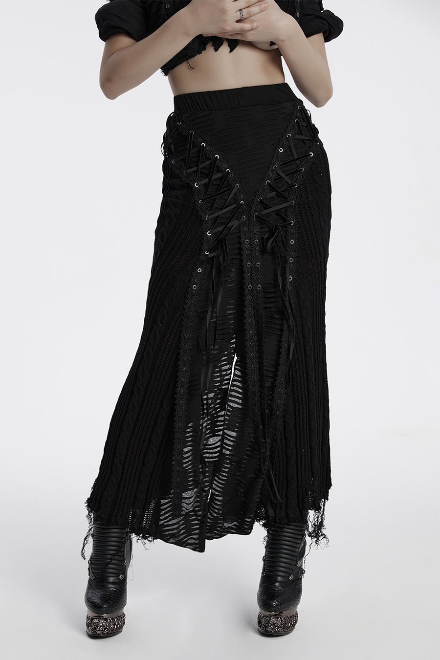 high waisted distressed long maxi skirt