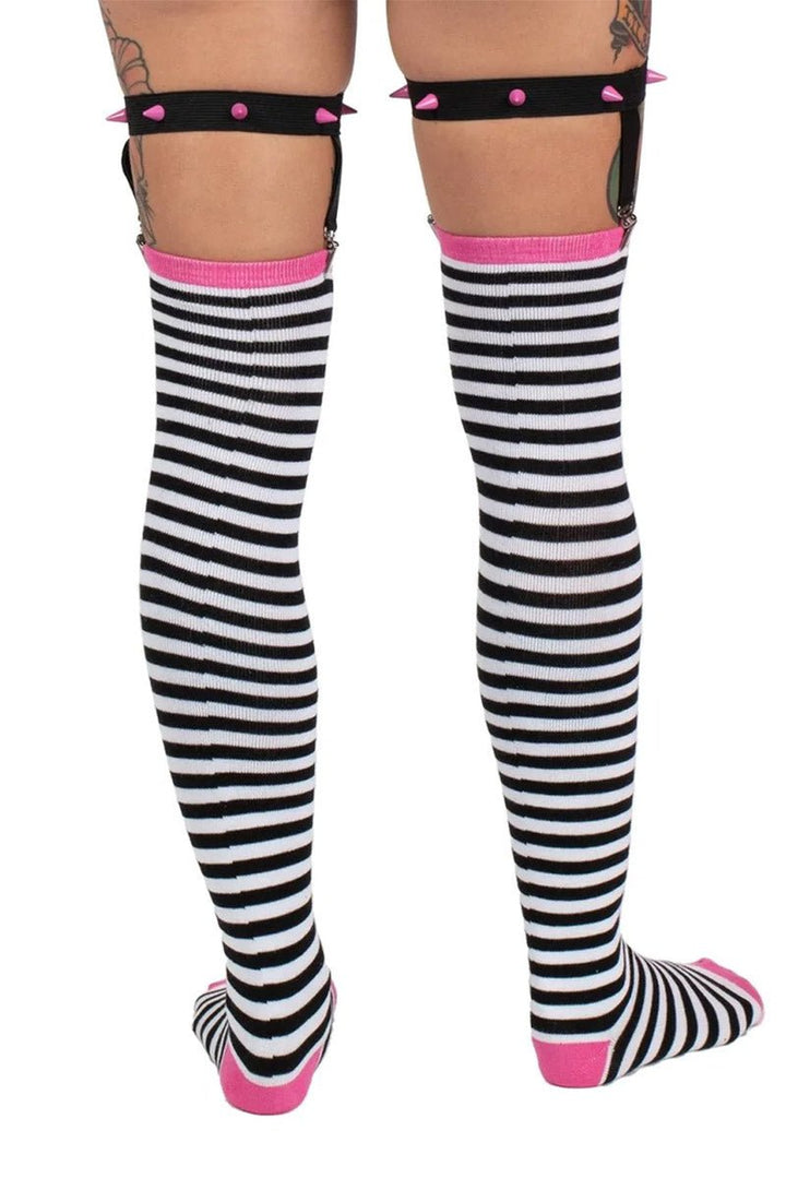 Distressed Punk Stripe Thigh High Garter Socks - socks & stockings - VampireFreaks - Too Fast