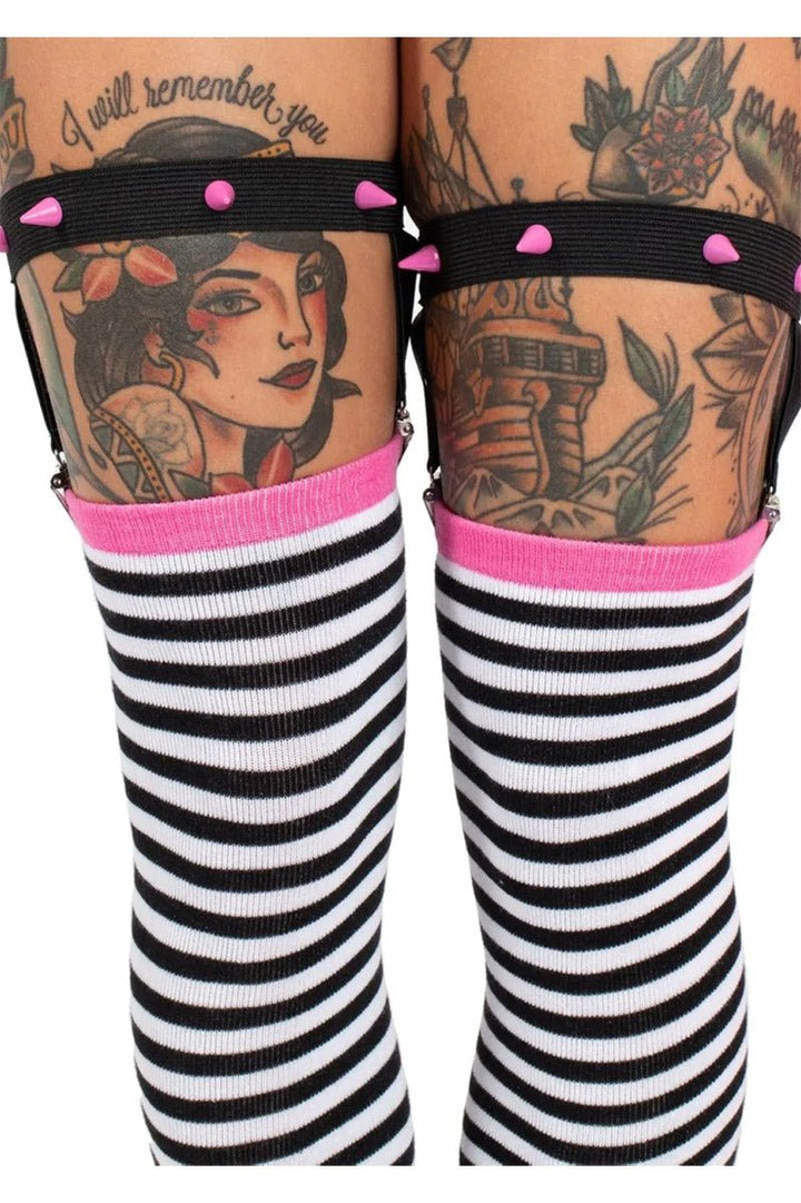 Distressed Punk Stripe Thigh High Garter Socks - socks & stockings - VampireFreaks - Too Fast