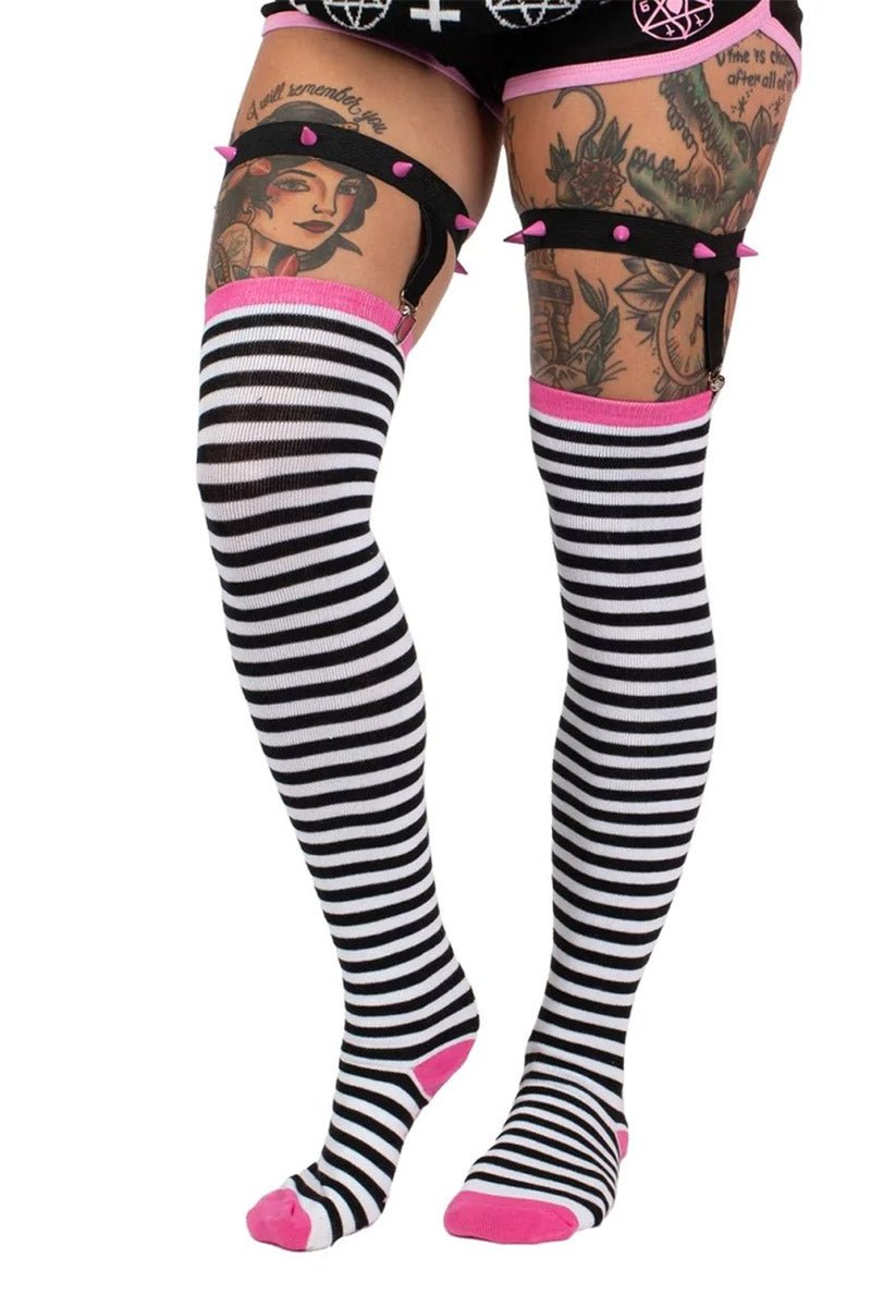 Distressed Punk Stripe Thigh High Garter Socks