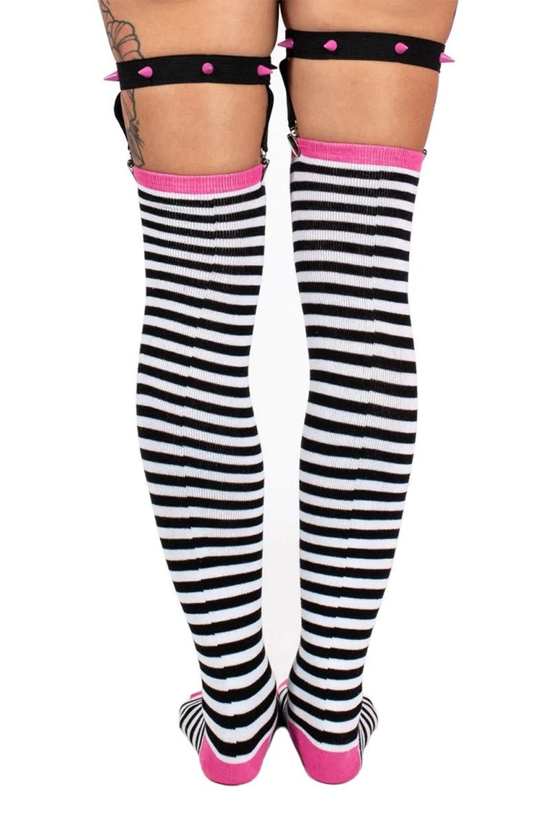 Distressed Punk Stripe Thigh High Garter Socks - socks & stockings - VampireFreaks - Too Fast