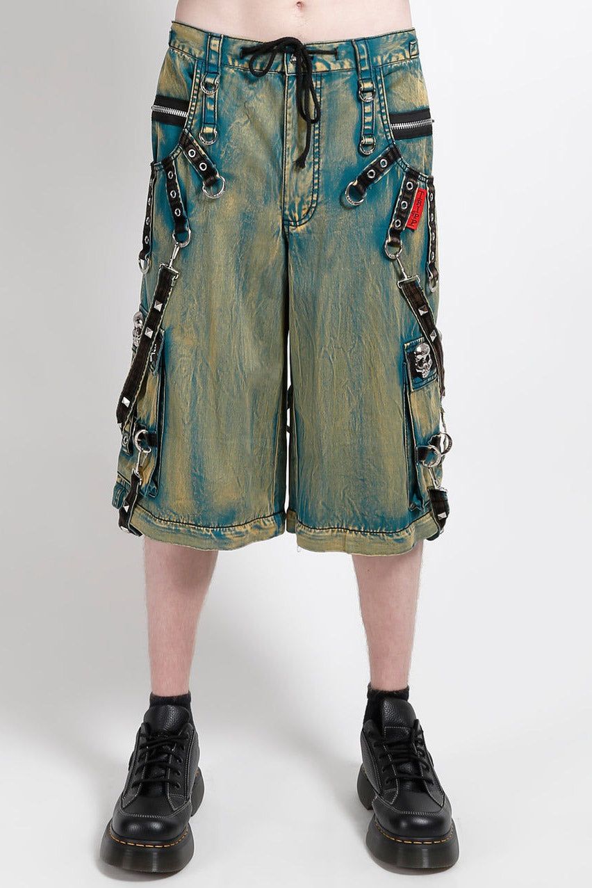 mens long baggy punk studded distressed shorts 