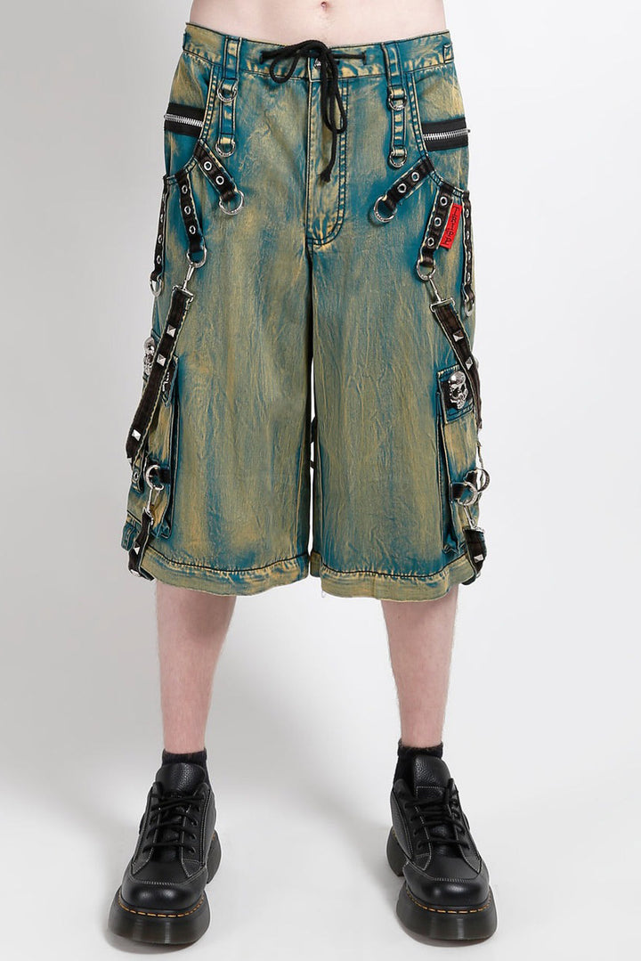 mens long baggy punk studded distressed shorts 
