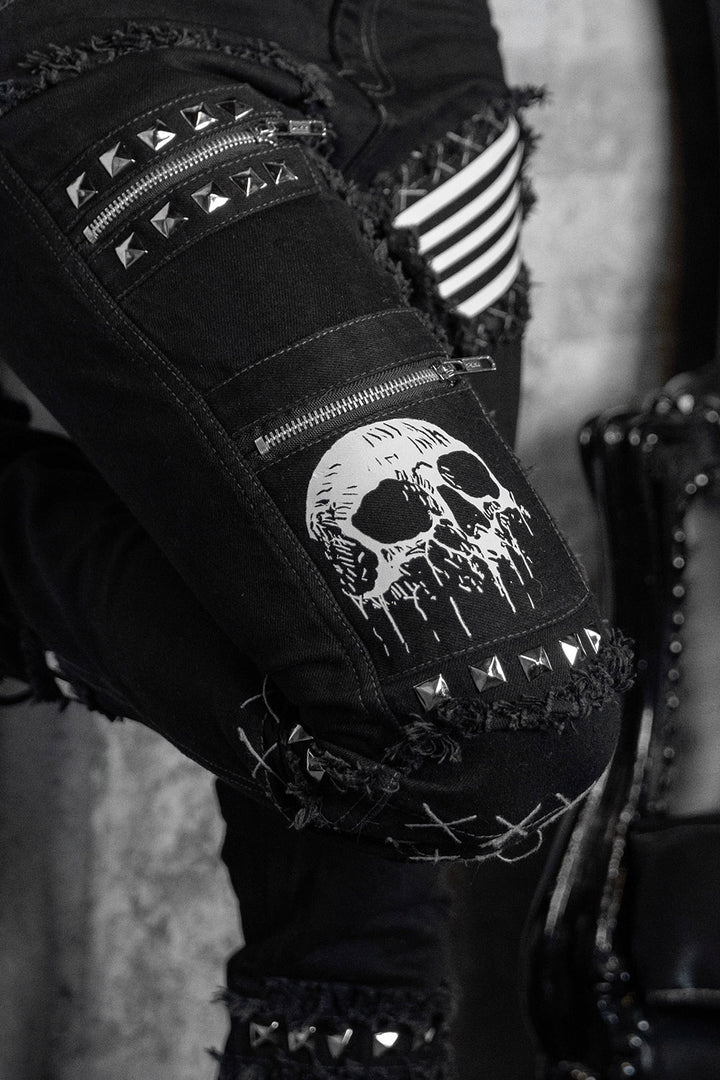 black denim zippered skull patch punk pants 
