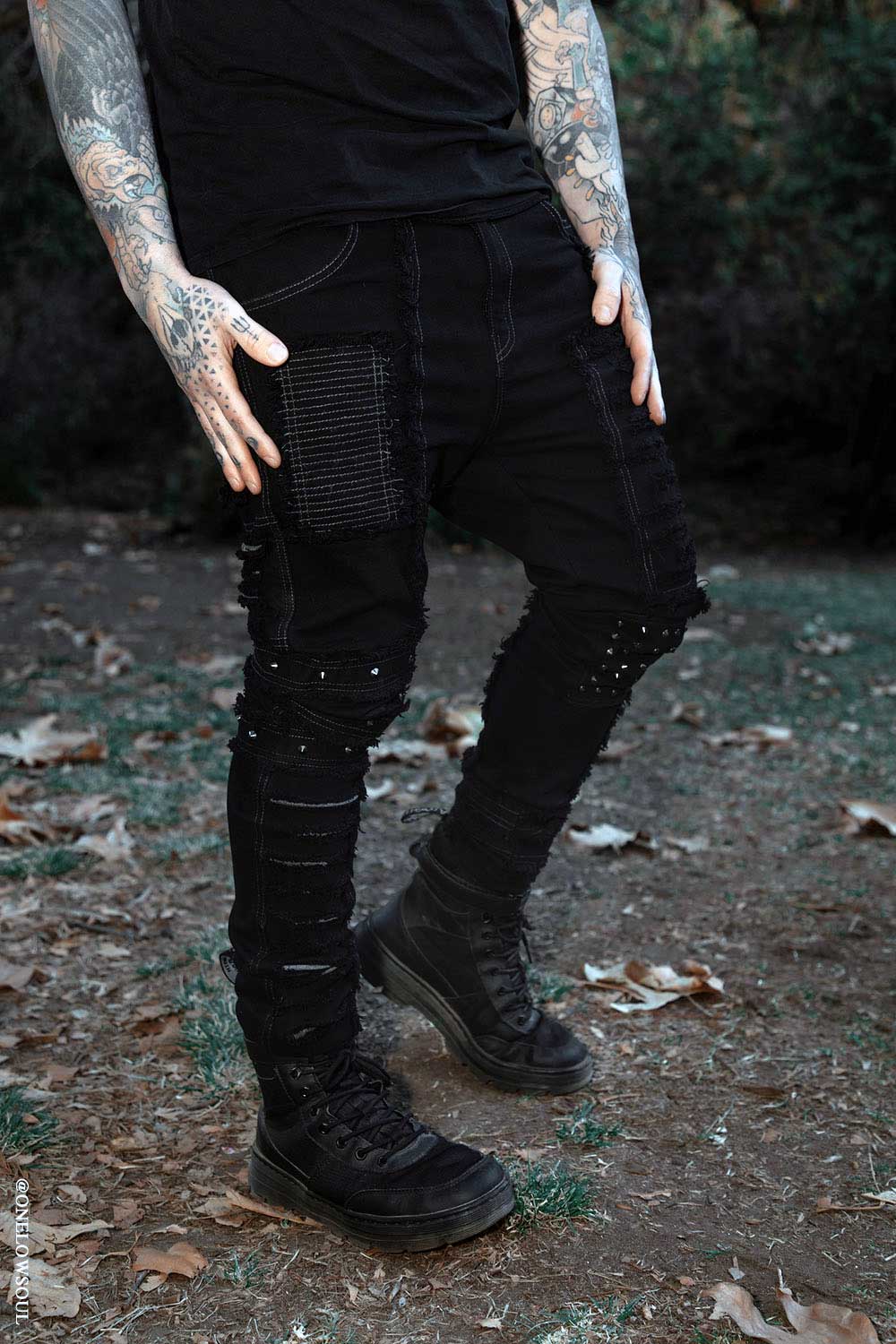 mens black gothic jeans with exposed threads and seams 