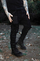 mens black gothic jeans with exposed threads and seams 