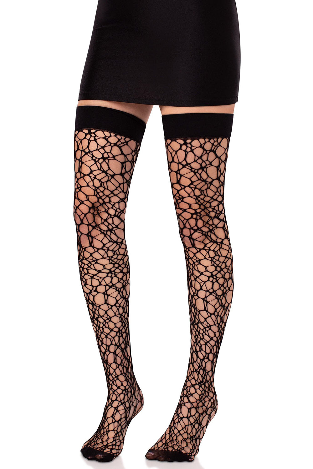 black distressed netted thigh highs