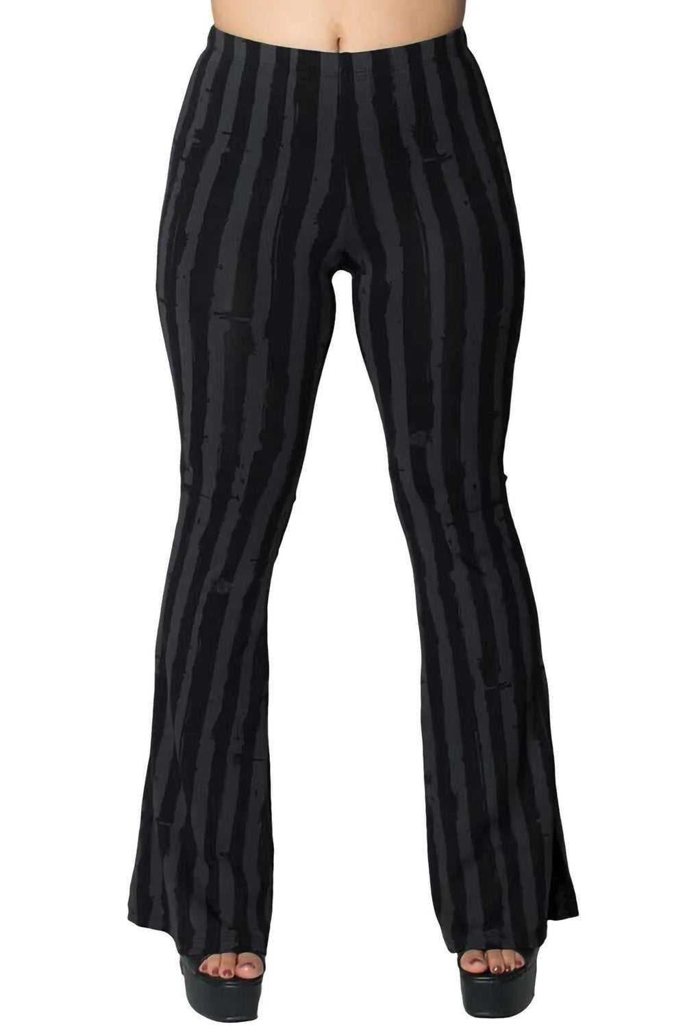 Distressed Stripe Grey Flare Leggings - womens bottoms - VampireFreaks - Kreepsville