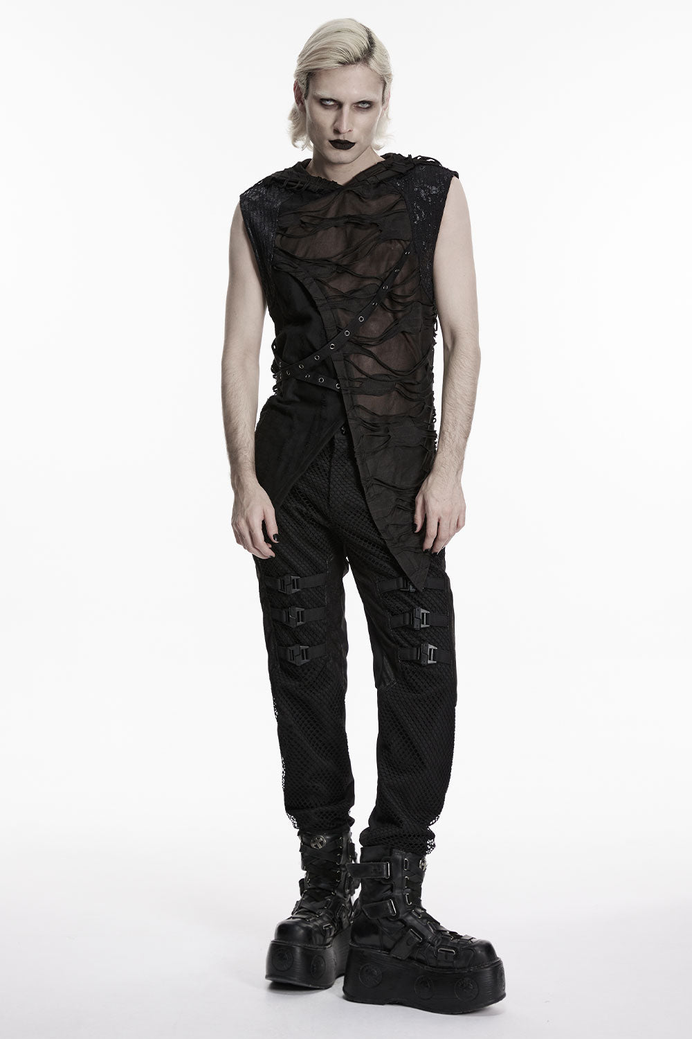 mens punk black mesh vest with hood