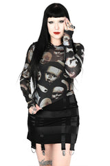 Foxblood sheer top with broken doll print fabric