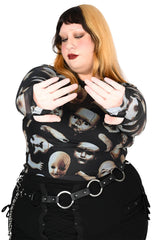 Black mesh top with broken doll parts and thumb holes
