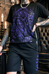 black sweat shorts with purple printed bat graphics from VampireFreaks