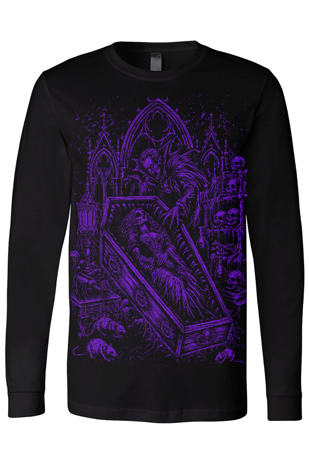 Goth fashion black long sleeve shirt showing draculas bride in purple print