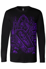 Goth fashion black long sleeve shirt showing draculas bride in purple print