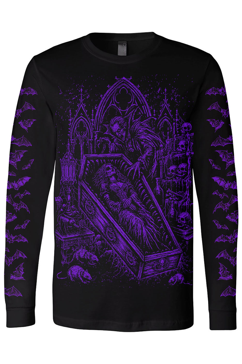 Creepy long sleeve shirt with purple bat wings and dracula graphic
