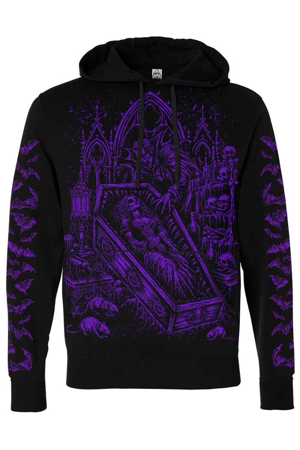 Black pullover hoodie with purple graphic of dracula and draculas bride in coffin with purple bats on sleeves