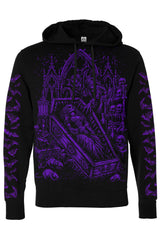 Black pullover hoodie with purple graphic of dracula and draculas bride in coffin with purple bats on sleeves