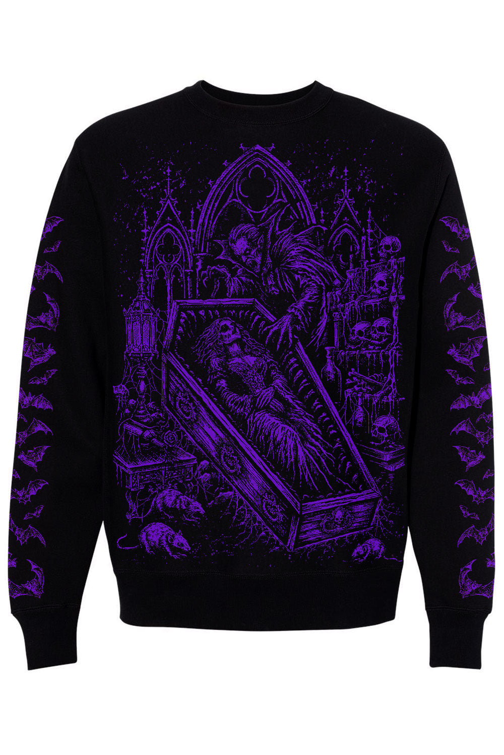 VampireFreaks black sweatshirt with purple draculas bride graphic with bat sleeves