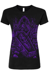 Short sleeve womens shirt with dracula and bride vampire in coffin 