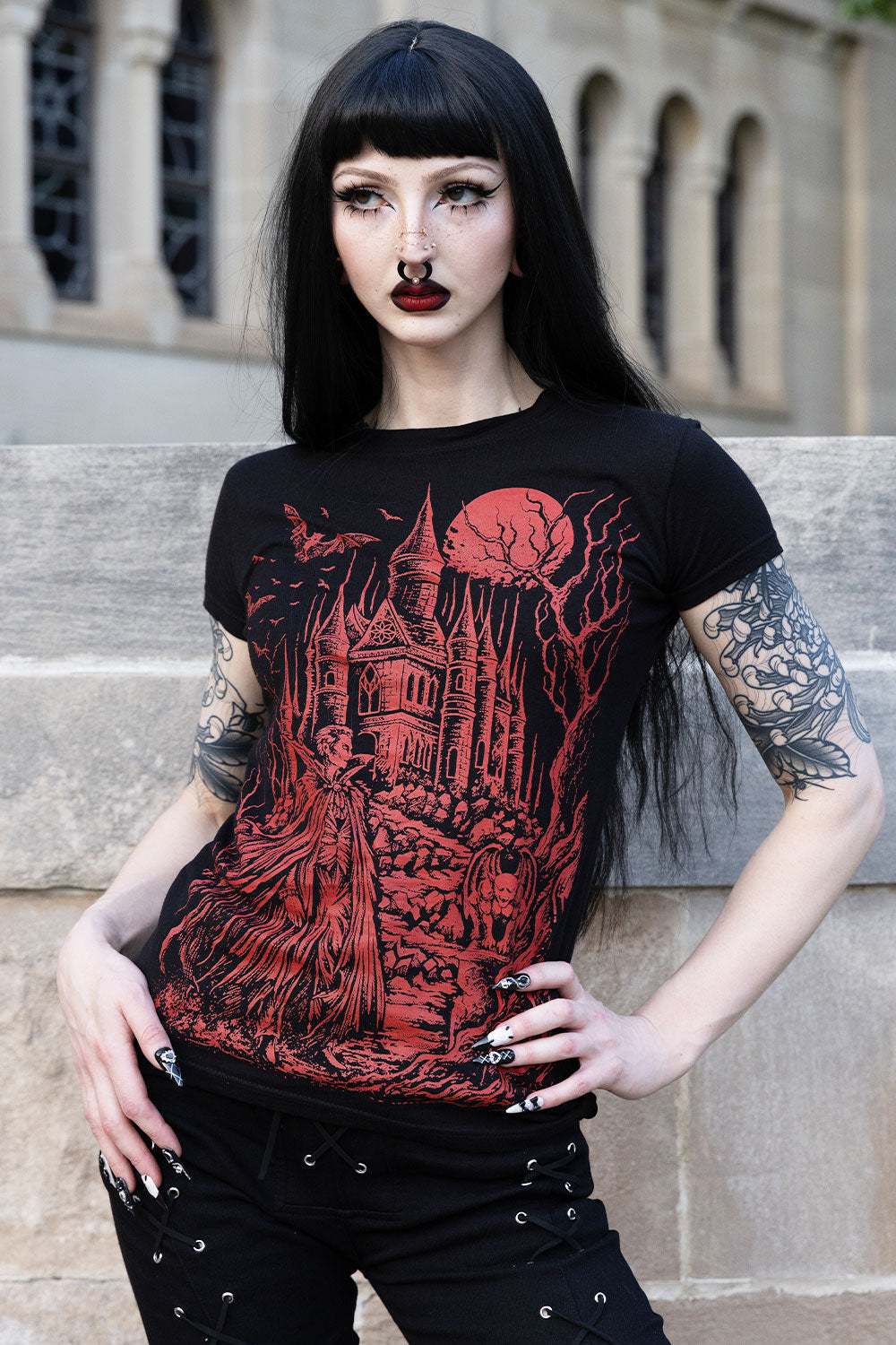 VampireFreaks red Draculas castle graphic short sleeve tshirt