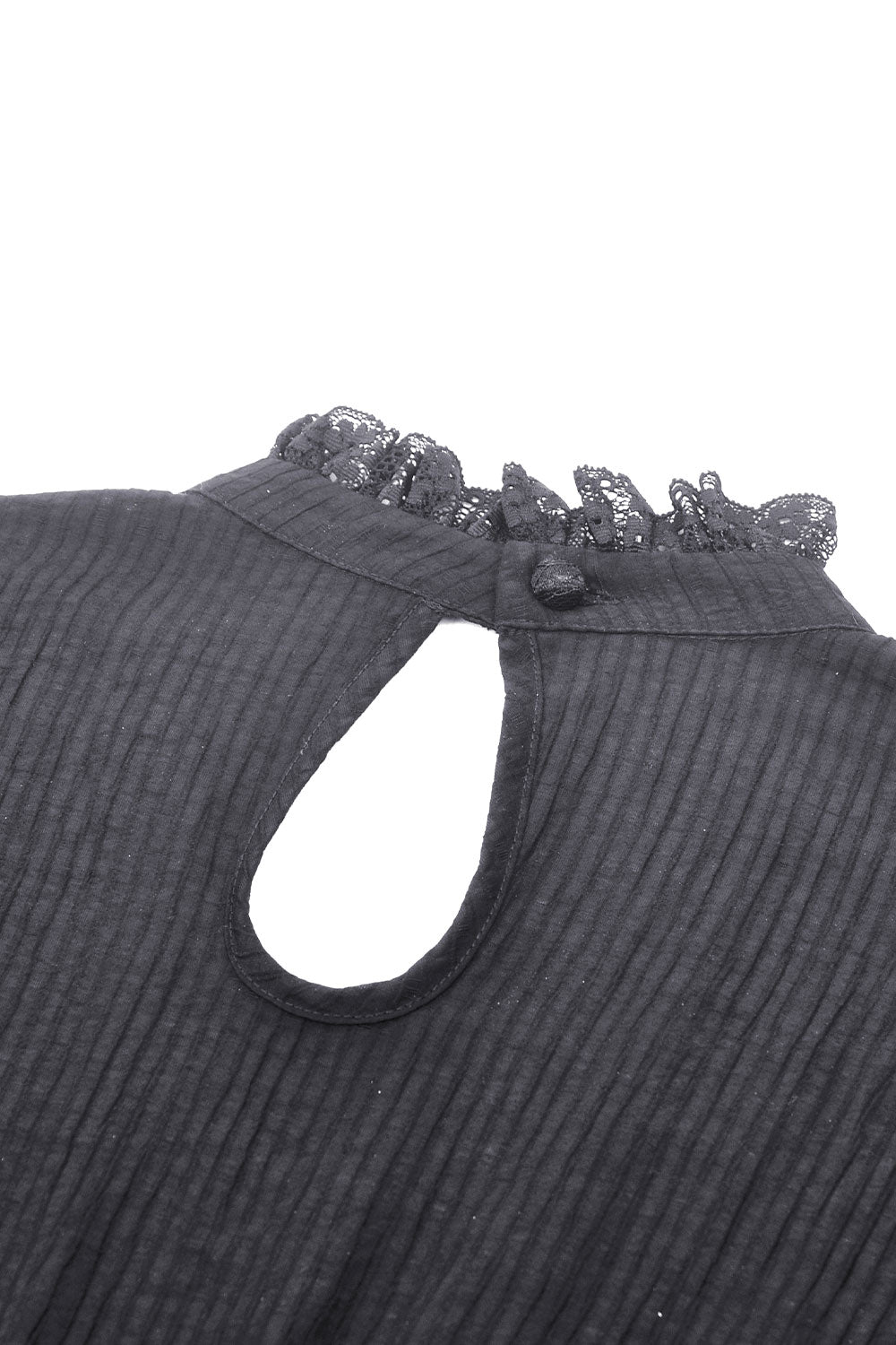 Keyhole detail of Dark In Love black goth dress with lace trim