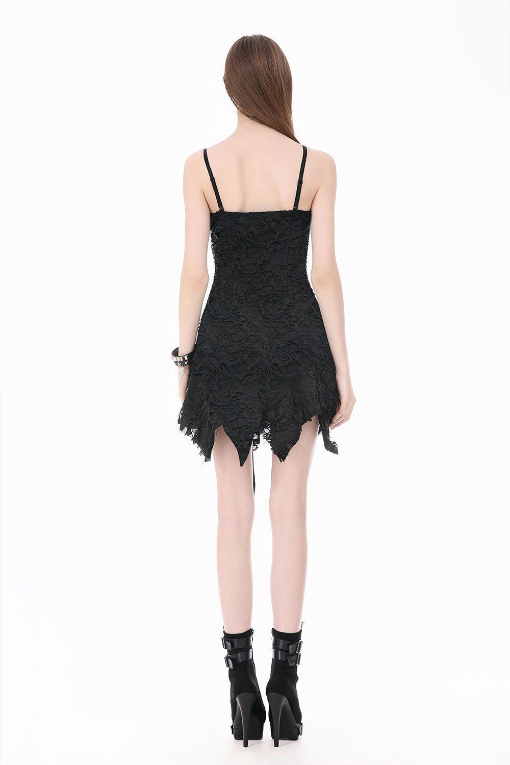 Back view of model wearing punk fashion short black dress