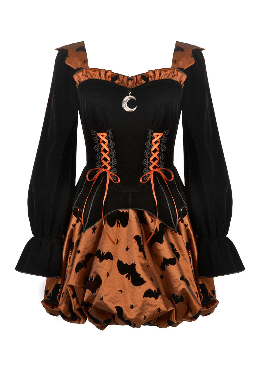 whimsical dress with bat-wing hemline and jack-o’-lantern-inspired bubble skirt