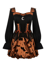 whimsical dress with bat-wing hemline and jack-o’-lantern-inspired bubble skirt