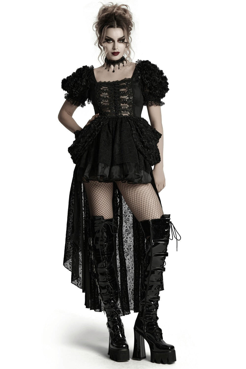 puff shoulder lace ruffle dress by punk rave 