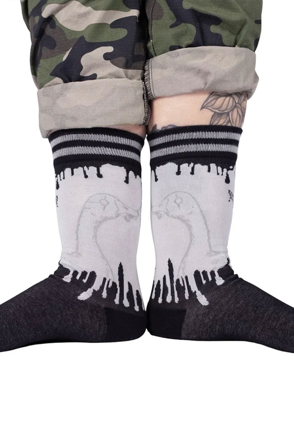 punk goose with knife crew socks in black and gray