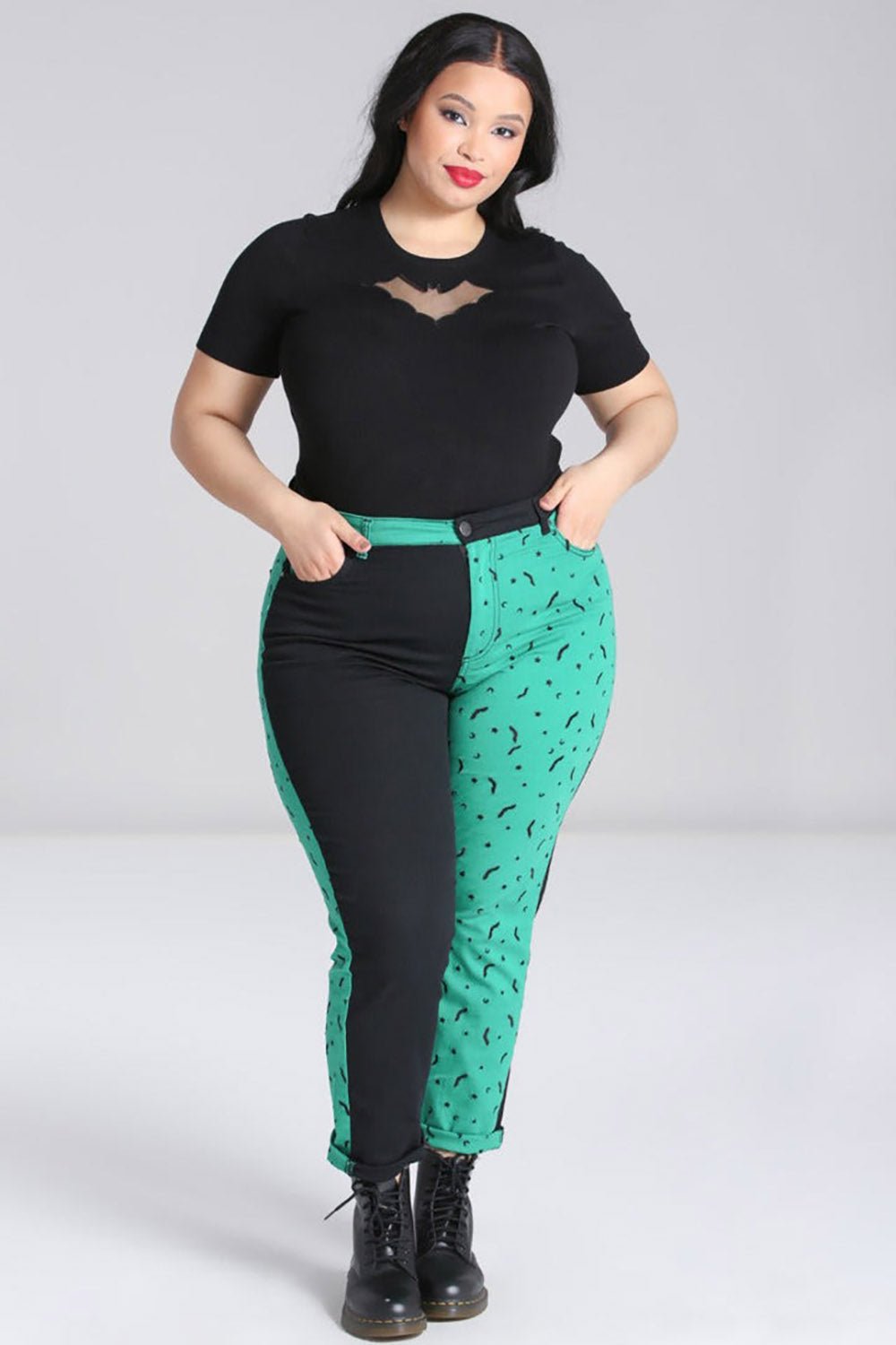 Duo Bat Jeans [GREEN] - womens bottoms - VampireFreaks - Hell Bunny