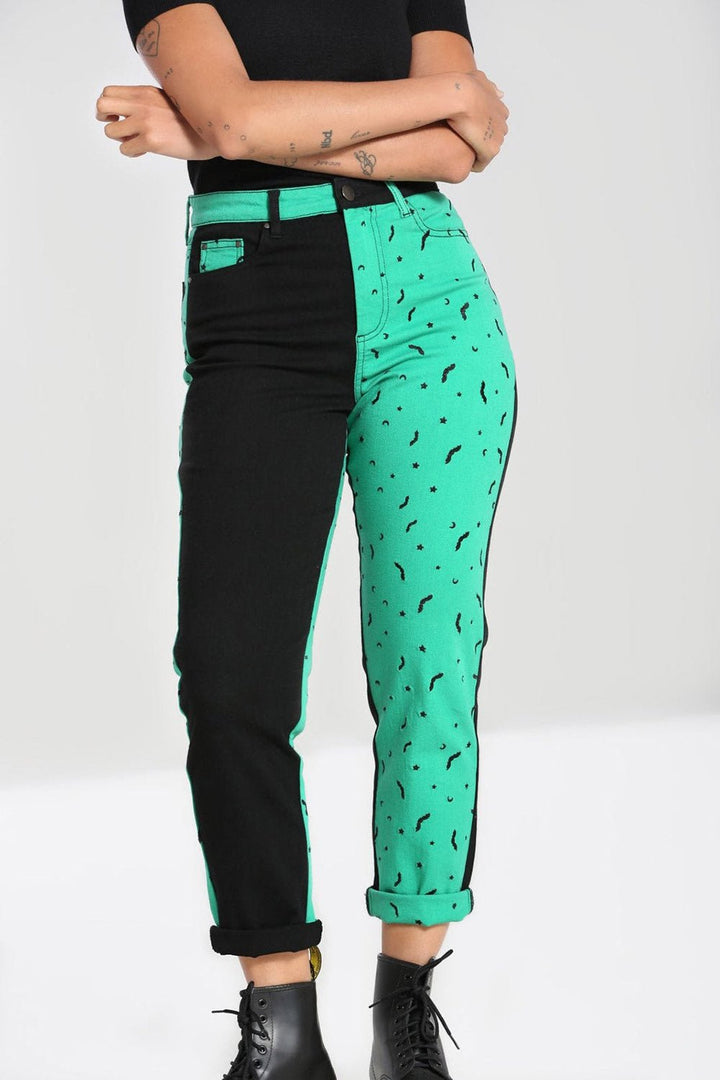 Duo Bat Jeans [GREEN] - womens bottoms - VampireFreaks - Hell Bunny