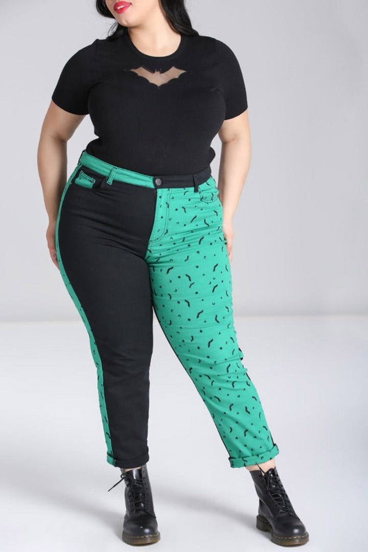 Duo Bat Jeans [GREEN] - womens bottoms - VampireFreaks - Hell Bunny