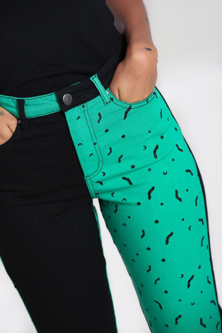 Duo Bat Jeans [GREEN] - womens bottoms - VampireFreaks - Hell Bunny