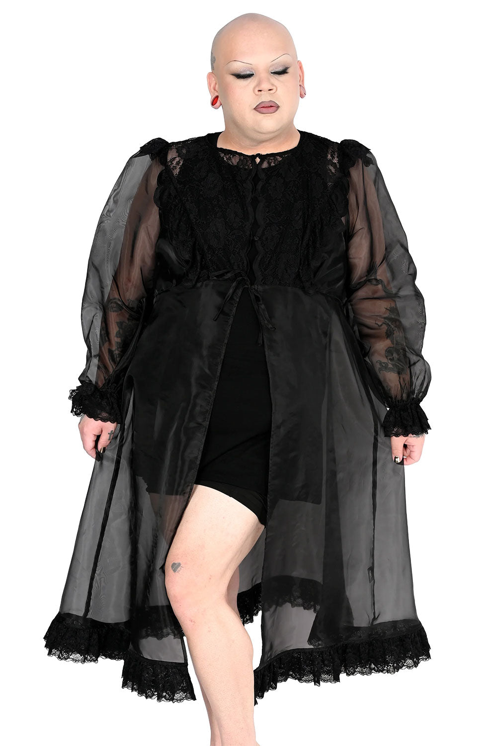Black organza night gown duster with lace detailing on the front neckline and bottom hem