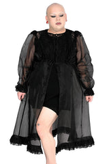 Black organza night gown duster with lace detailing on the front neckline and bottom hem