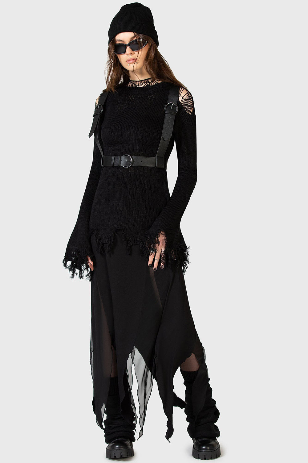 black vegan leather suspender harness by killstar with o-ring in the back