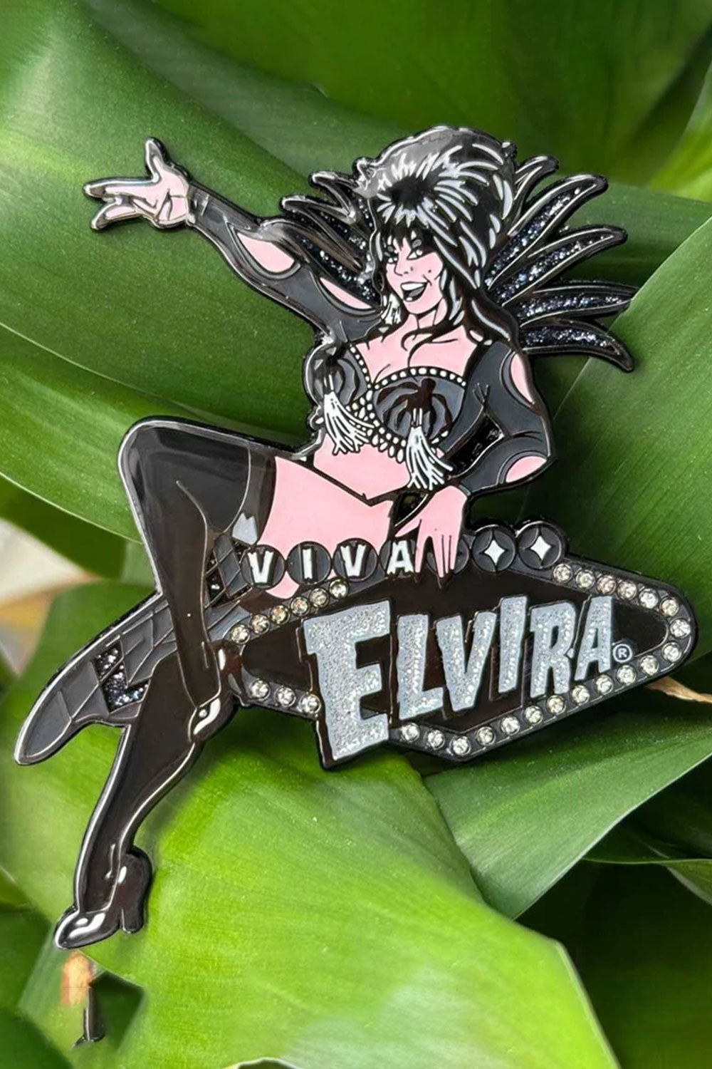Enamel and rhinestone Elvira shaped pin accessory