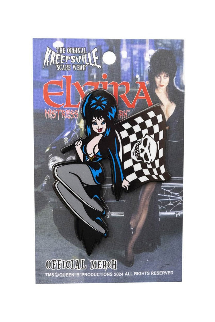 Elvira Racing Flag Skull Enamel Pin - pins & patches - VampireFreaks - Kreepsville