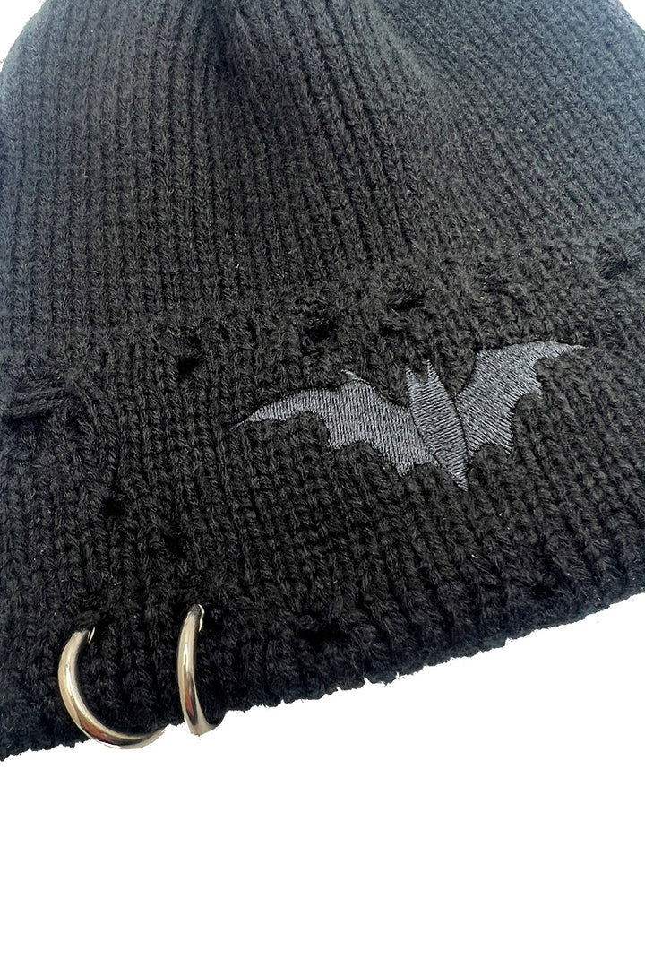 Distressed Pierced Beanie [Black Bat]