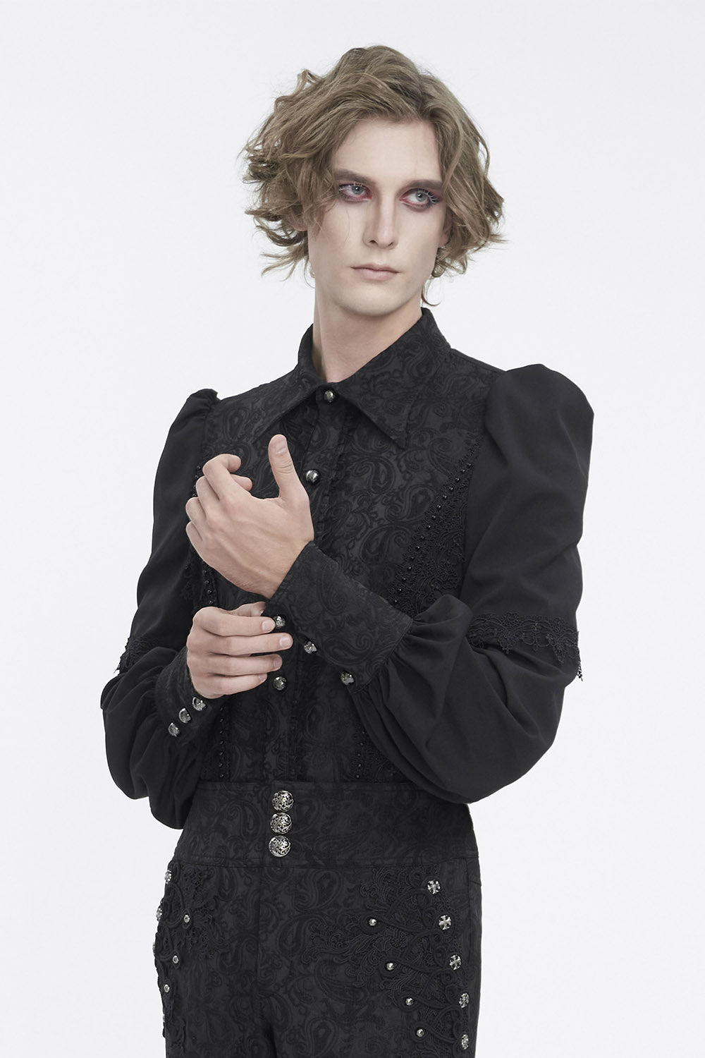 puff sleeve trad goth mens damask button-up shirt 