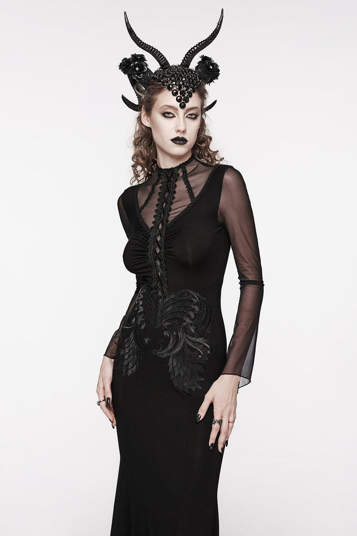 Embroidered Bones Gothic Maxi Dress - dresses - VampireFreaks - Punk Rave