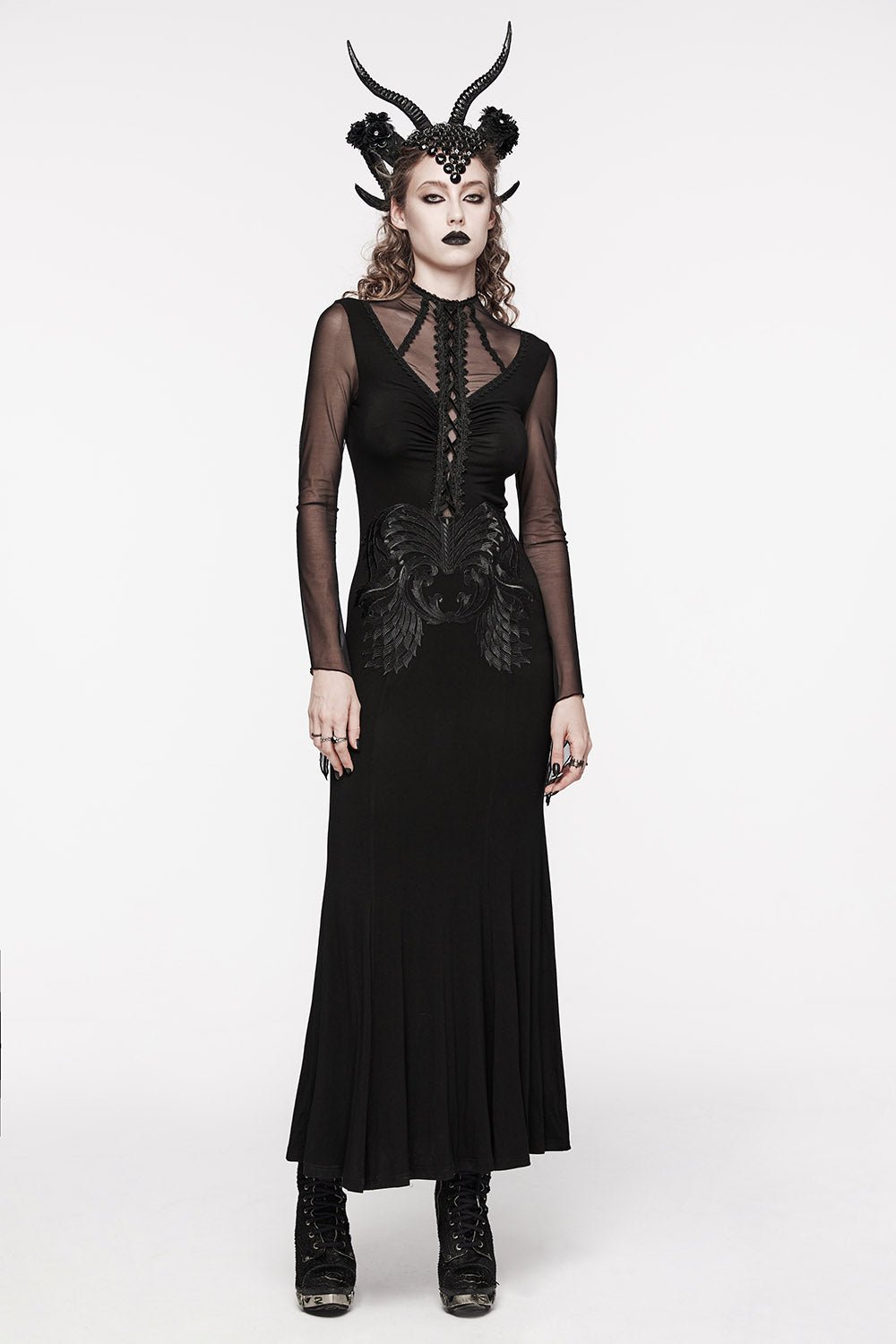 Embroidered Bones Gothic Maxi Dress - dresses - VampireFreaks - Punk Rave