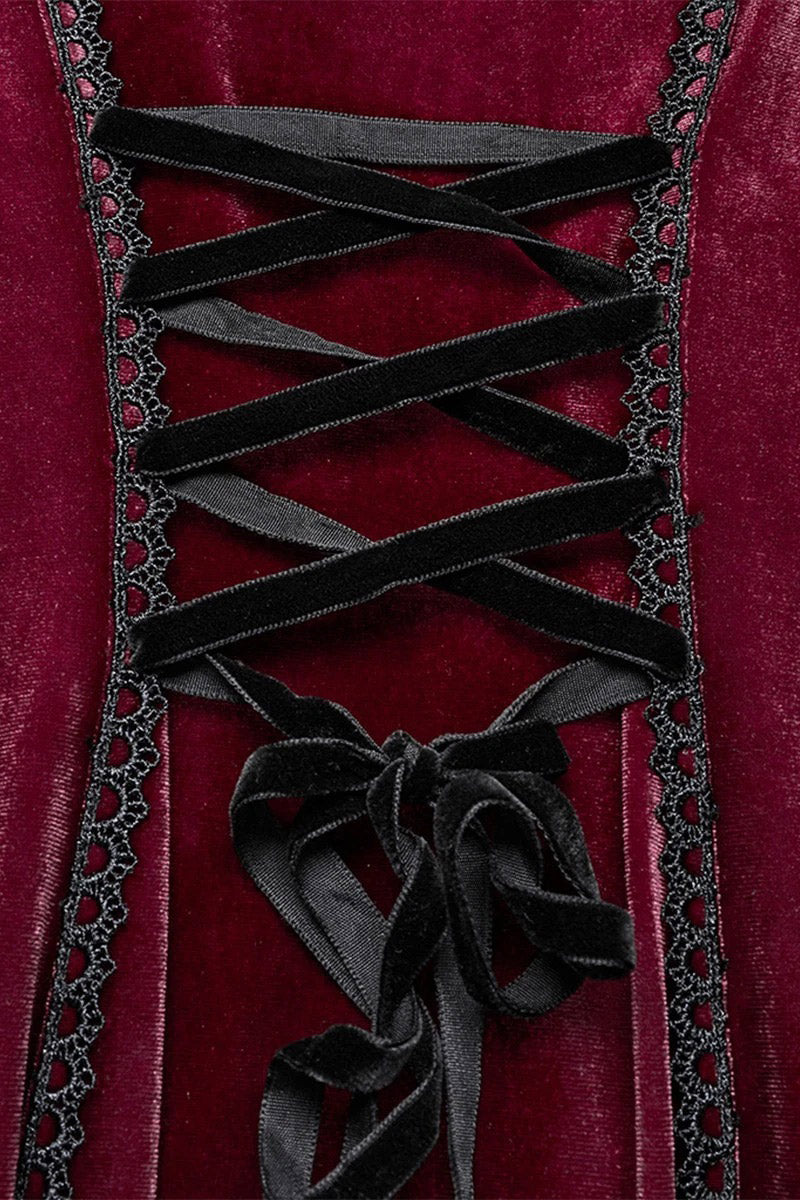 deep v-neck lace-up vampire red velvet long maxi dress with flared lace sleeves 