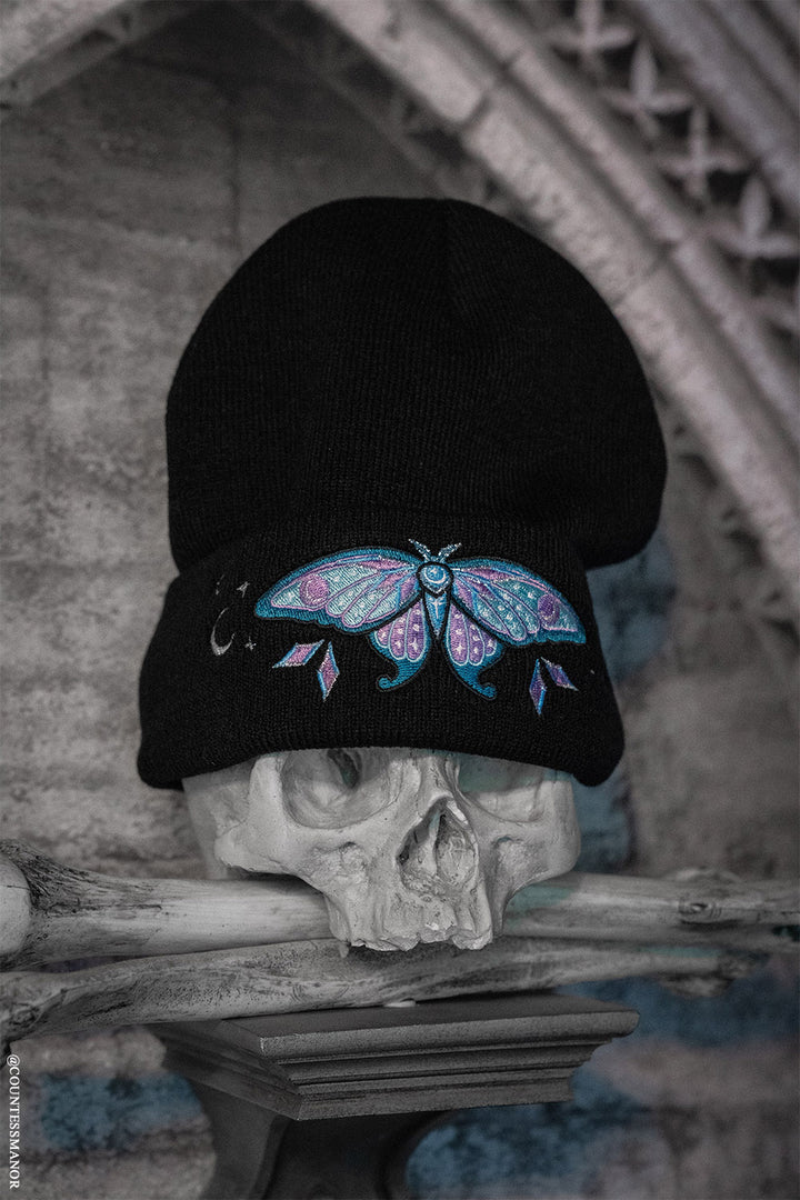 dark witchy embroidered butterfly moth beanie with ribbed details 