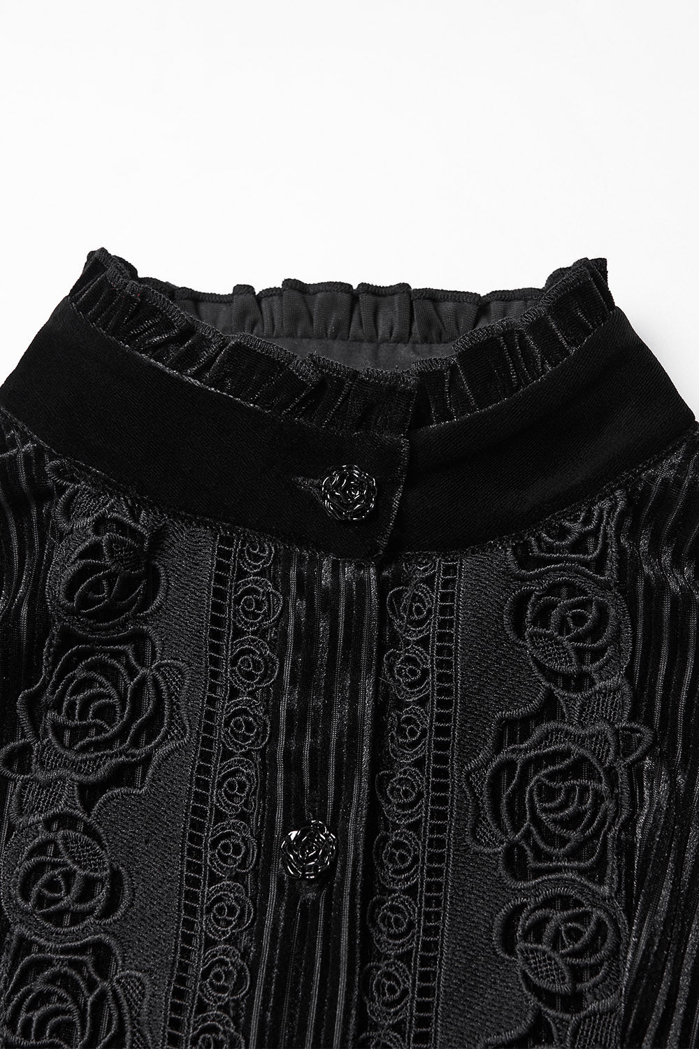 black ruffled romantic goth velvet high collar blouse