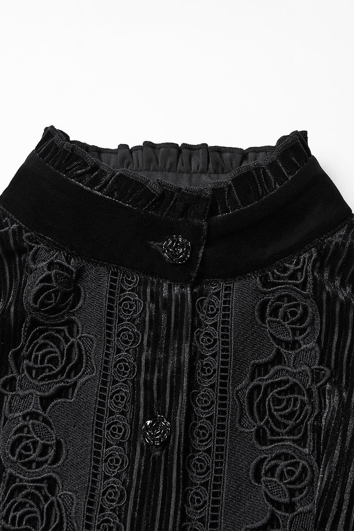black ruffled romantic goth velvet high collar blouse
