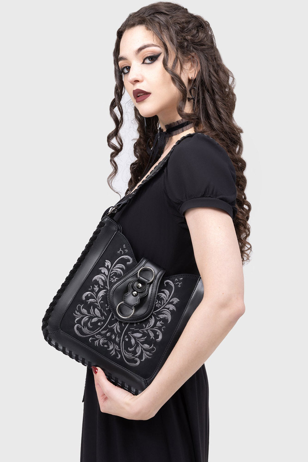 embroidered vegan leather shoulder bag by killstar